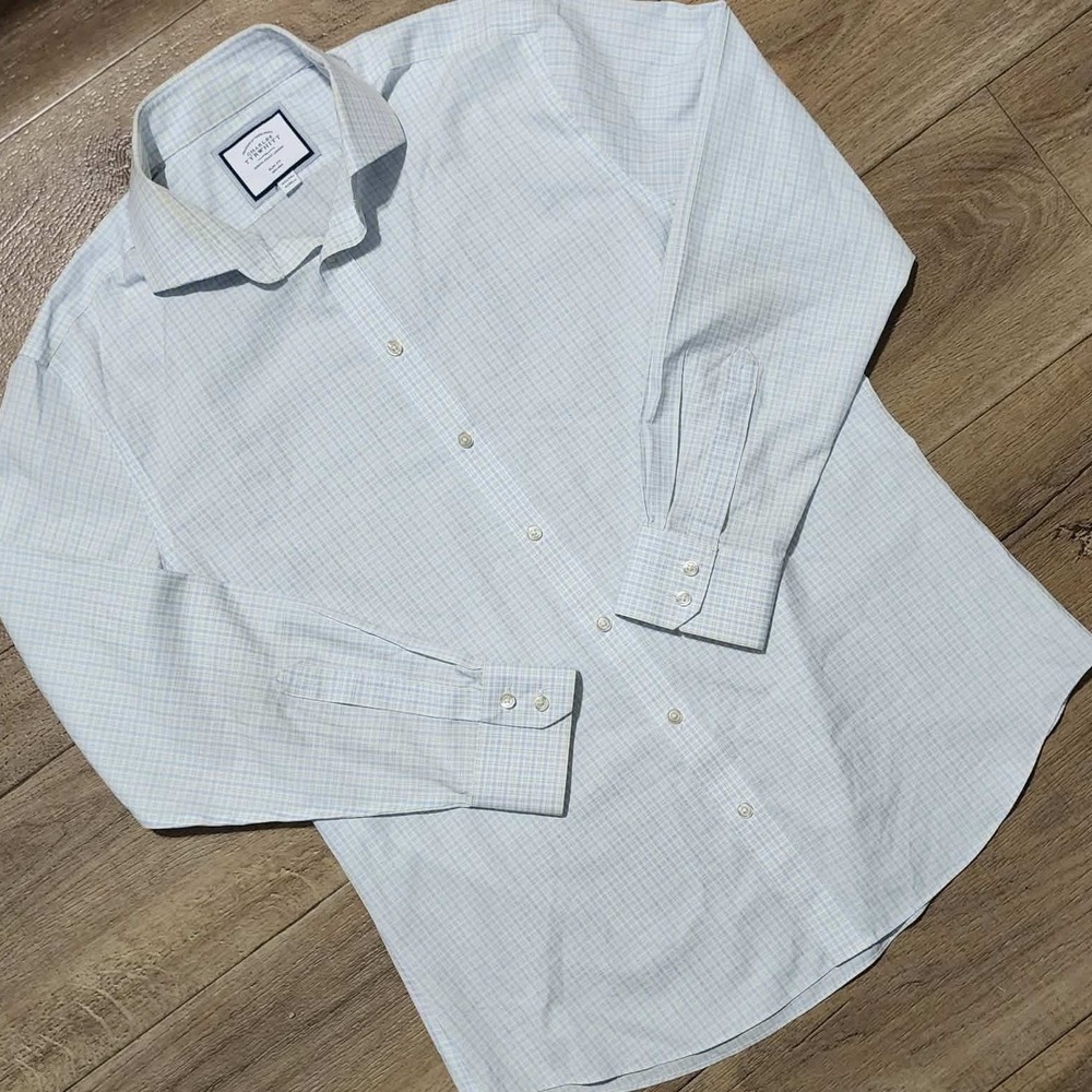 Charles Tyrwhitt Slim Fit Non-Iron Dress Shirt Light Blue Yellow Check 16.5 34‎